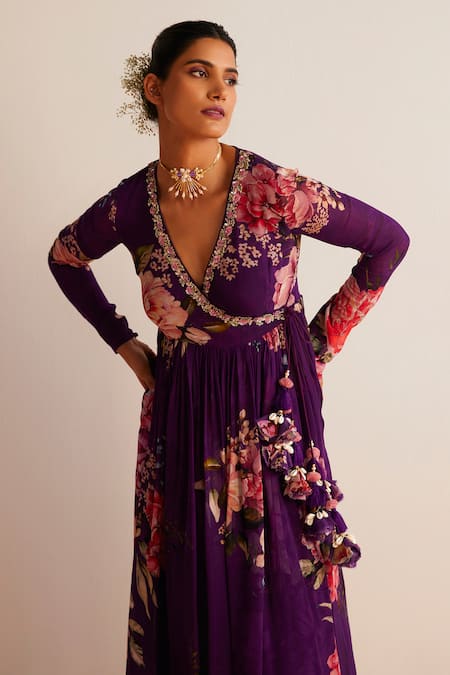 Buy_Kalista_Purple Viscose, Georgette Kamya Flower Print Angrakha Anarkali With Pant _Online_at_Aza_Fashions