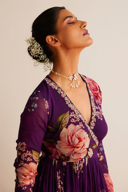 Shop_Kalista_Purple Viscose, Georgette Kamya Flower Print Angrakha Anarkali With Pant _Online_at_Aza_Fashions