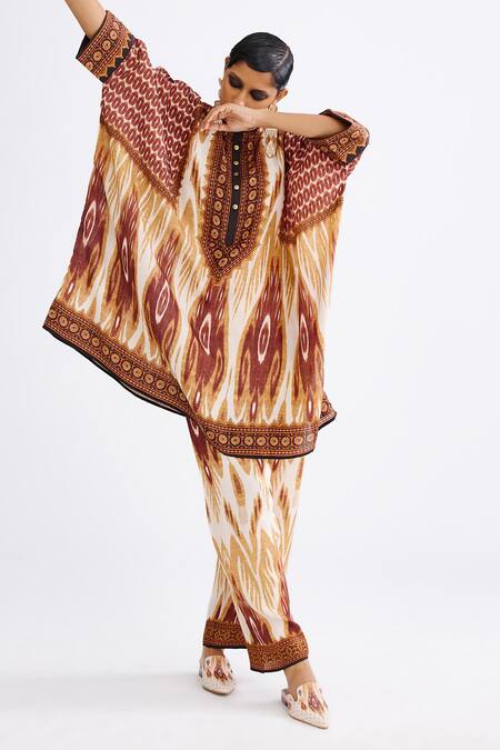 Rajdeep Ranawat_Brown Silk Bandeau Neck Caramel Abstract Print Tunic_at_Aza_Fashions