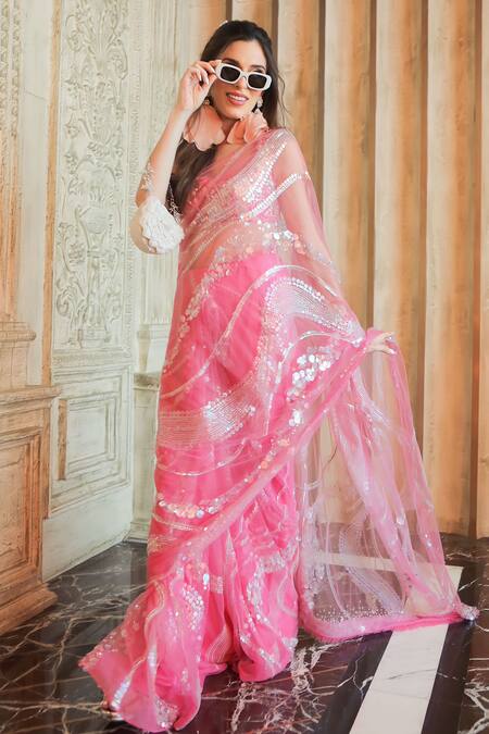 Shop_Dilnaz_Pink Embroidered Sequin Saree _Online_at_Aza_Fashions
