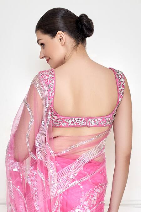 Buy_Dilnaz_Pink Polyester Satin Embroidered Jewel U Neck Star Embellished Blouse_Online_at_Aza_Fashions