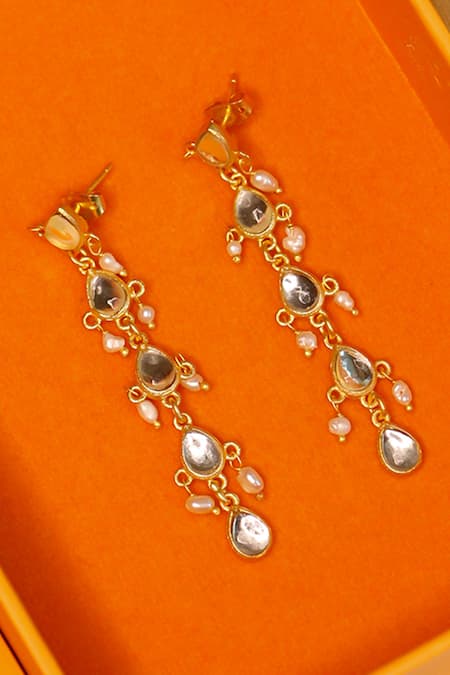 Zariin_Gold Plated Mirrors, Pearls Divine Polki Embellished Drops Earrings _Online_at_Aza_Fashions