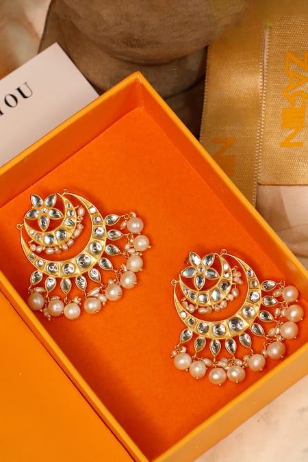 Buy_Zariin_Gold Plated Mirrors, Pearls Resham Embellished Chandbaalis _Online_at_Aza_Fashions