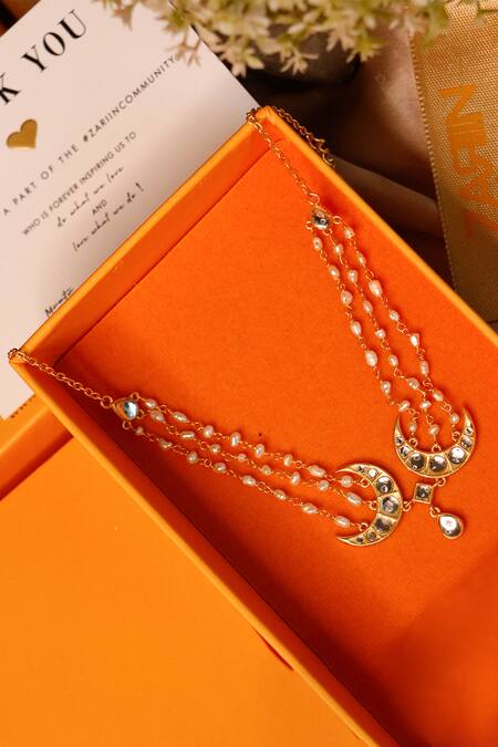 Buy_ZARIIN_Gold Plated Chaand Roop Pearl Embellished Choker Necklace _Online_at_Aza_Fashions