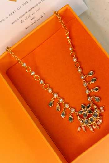 ZARIIN_Gold Plated Chaand Phool Mirror Polki Embellished Pendant Necklace_Online_at_Aza_Fashions