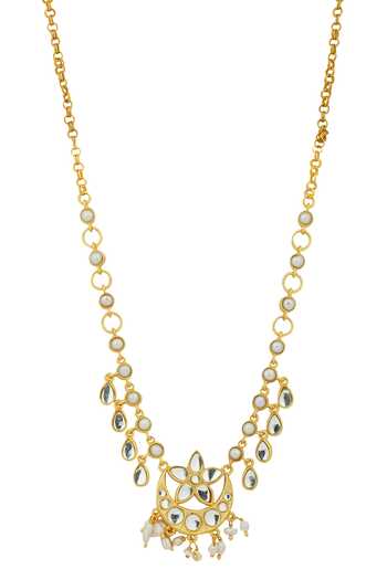Shop_ZARIIN_Gold Plated Chaand Phool Mirror Polki Embellished Pendant Necklace_Online_at_Aza_Fashions