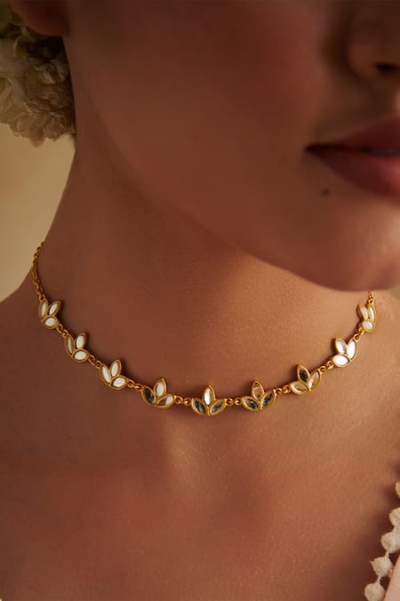 Zariin Gold Plated Mirror Polki Padma Embellished Choker Necklace 