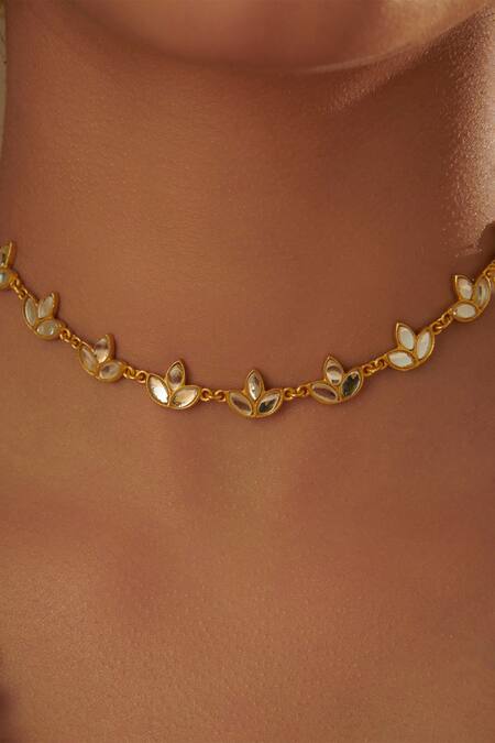 Zariin Gold Plated Padma Mirror Polki Embellished Choker Necklace Online at Aza Fashions Zariin_Gold Plated Padma Mirror Polki Embellished Choker Necklace _Online_at_Aza_Fashions