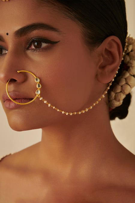 Gold Nose Ring with 4 Brown Diamonds and Dangling Crown End – Indian  Goddess Boutique llc