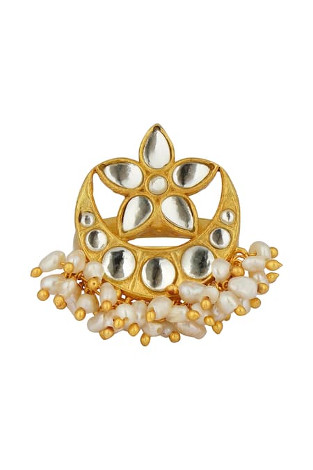 Shop Zariin Gold Plated Mirrors, Pearls Chaand Phool Shaped Ring at Aza Fashions Shop_Zariin_Gold Plated Mirrors, Pearls Chaand Phool Shaped Ring _at_Aza_Fashions