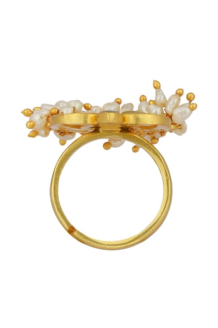 Zariin Gold Plated Mirrors, Pearls Chaand Phool Shaped Ring Online at Aza Fashions Zariin_Gold Plated Mirrors, Pearls Chaand Phool Shaped Ring _Online_at_Aza_Fashions