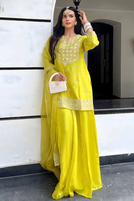 Charu Makkar Yellow Chanderi Silk, Dupatta Organza Floral Embroidered Kurta Sharara Set 