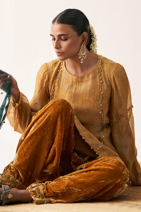 Buy_Itrh_Yellow Tissue, Organza Gota Patti, Embroidery Balloon Sleeve Tunic Salwar Set _Online_at_Aza_Fashions