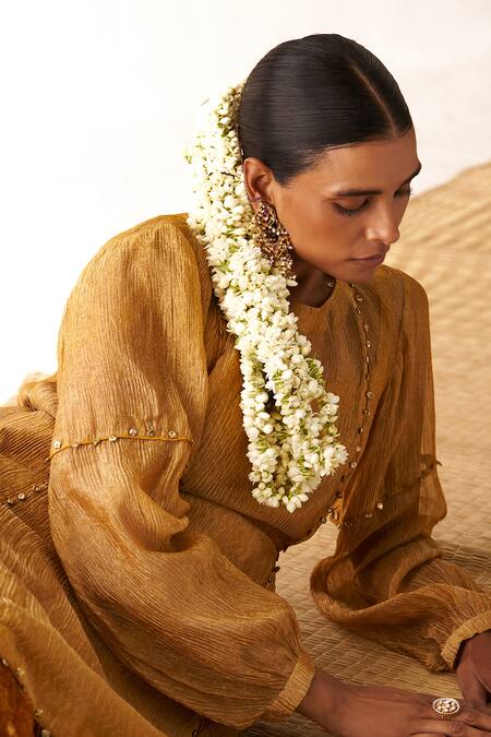 Shop_Itrh_Yellow Tissue, Organza Gota Patti, Embroidery Balloon Sleeve Tunic Salwar Set _Online_at_Aza_Fashions