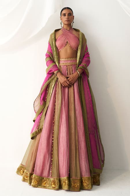 Itrh Colorblock Lehenga Set With Halter Neck Blouse 