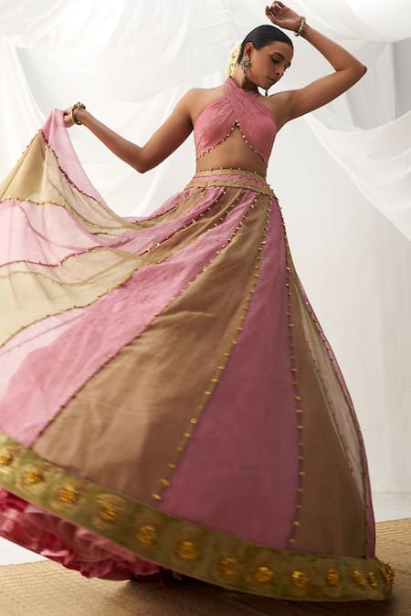 Itrh Pink Tissue Gota Patti Halter Neck Colorblock Lehenga Set With Blouse Online at Aza Fashions Itrh_Pink Tissue Gota Patti Halter Neck Colorblock Lehenga Set With Blouse _Online_at_Aza_Fashions