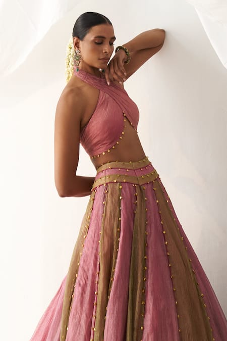 Buy Itrh Pink Tissue Gota Patti Halter Neck Colorblock Lehenga Set With Blouse Online at Aza Fashions Buy_Itrh_Pink Tissue Gota Patti Halter Neck Colorblock Lehenga Set With Blouse _Online_at_Aza_Fashions