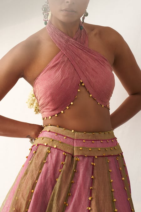 Shop Itrh Pink Tissue Gota Patti Halter Neck Colorblock Lehenga Set With Blouse Online at Aza Fashions Shop_Itrh_Pink Tissue Gota Patti Halter Neck Colorblock Lehenga Set With Blouse _Online_at_Aza_Fashions