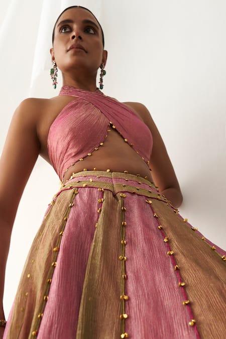 Itrh Pink Tissue Gota Patti Halter Neck Colorblock Lehenga Set With Blouse at Aza Fashions Itrh_Pink Tissue Gota Patti Halter Neck Colorblock Lehenga Set With Blouse _at_Aza_Fashions