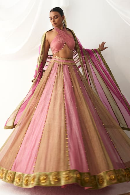 Buy Itrh Pink Tissue Gota Patti Halter Neck Colorblock Lehenga Set With Blouse Buy_Itrh_Pink Tissue Gota Patti Halter Neck Colorblock Lehenga Set With Blouse