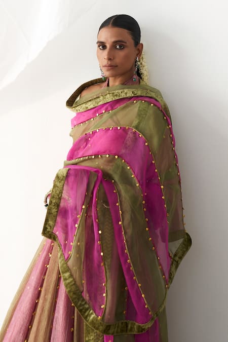 Shop Itrh Pink Tissue Gota Patti Halter Neck Colorblock Lehenga Set With Blouse Shop_Itrh_Pink Tissue Gota Patti Halter Neck Colorblock Lehenga Set With Blouse