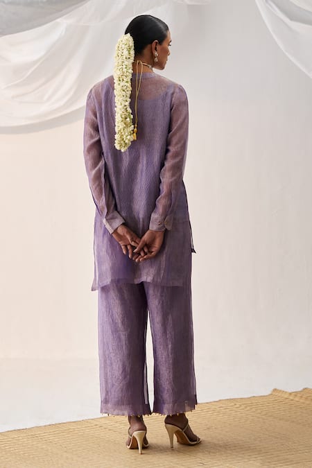 Shop Itrh Purple Tissue Gota Patti V-neck High Low Tunic And Culotte Pant Set at Aza Fashions Shop_Itrh_Purple Tissue Gota Patti V-neck High Low Tunic And Culotte Pant Set _at_Aza_Fashions