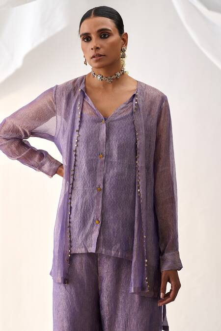 Itrh Purple Tissue Gota Patti V-neck High Low Tunic And Culotte Pant Set Online at Aza Fashions Itrh_Purple Tissue Gota Patti V-neck High Low Tunic And Culotte Pant Set _Online_at_Aza_Fashions
