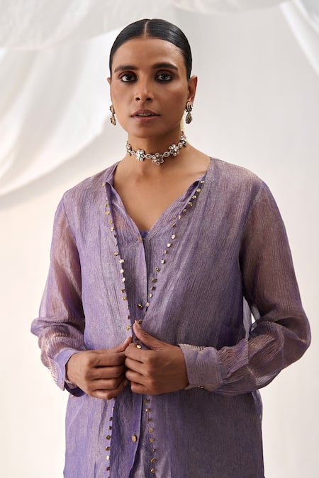 Buy Itrh Purple Tissue Gota Patti V-neck High Low Tunic And Culotte Pant Set Online at Aza Fashions Buy_Itrh_Purple Tissue Gota Patti V-neck High Low Tunic And Culotte Pant Set _Online_at_Aza_Fashions