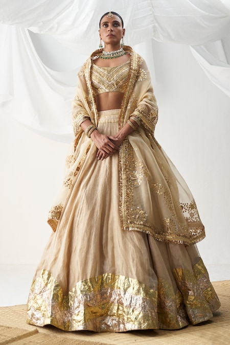 Cream Net Sequinse Work Semi-Stitched Lehenga & Unstitch