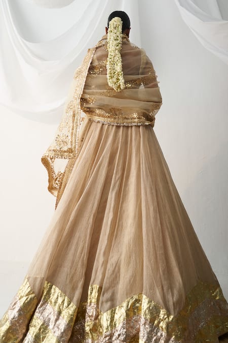 Shop Itrh Beige Lace, Organza Gota Patti Round Neck Lampi Embroidered Blouse Lehenga Set at Aza Fashions Shop_Itrh_Beige Lace, Organza Gota Patti Round Neck Lampi Embroidered Blouse Lehenga Set _at_Aza_Fashions
