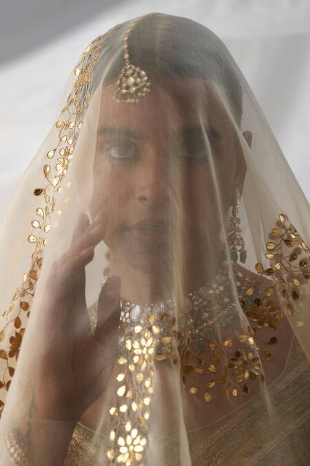 Itrh Beige Lace, Organza Gota Patti Round Neck Lampi Embroidered Blouse Lehenga Set Online at Aza Fashions Itrh_Beige Lace, Organza Gota Patti Round Neck Lampi Embroidered Blouse Lehenga Set _Online_at_Aza_Fashions