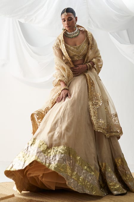 Itrh Beige Lace, Organza Gota Patti Round Neck Lampi Embroidered Blouse Lehenga Set at Aza Fashions Itrh_Beige Lace, Organza Gota Patti Round Neck Lampi Embroidered Blouse Lehenga Set _at_Aza_Fashions