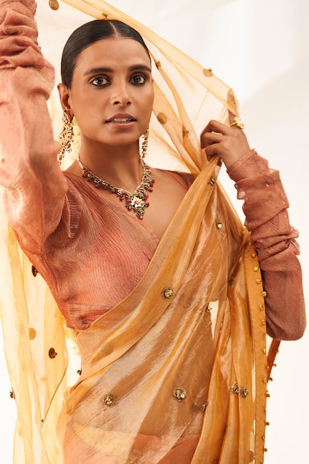 Buy Itrh Peach Tissue Gota Patti Plunge Neck Ghunghroo Embellished Saree With Blouse Online at Aza Fashions Buy_Itrh_Peach Tissue Gota Patti Plunge Neck Ghunghroo Embellished Saree With Blouse _Online_at_Aza_Fashions