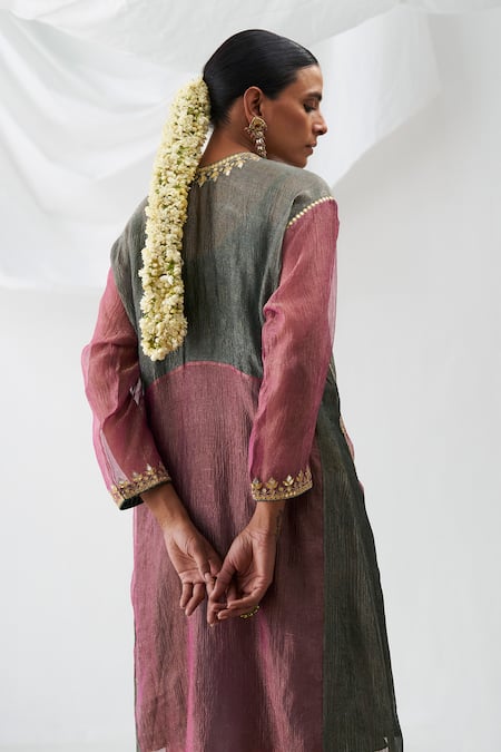 Shop Itrh Pink Tissue Gota Patti Round Neck Embroidered Kurta And Culotte Pant Set at Aza Fashions Shop_Itrh_Pink Tissue Gota Patti Round Neck Embroidered Kurta And Culotte Pant Set _at_Aza_Fashions