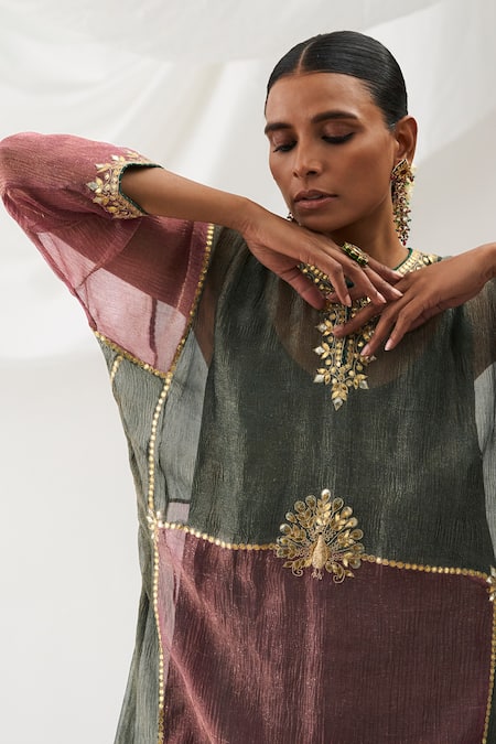 Itrh Pink Tissue Gota Patti Round Neck Embroidered Kurta And Culotte Pant Set Online at Aza Fashions Itrh_Pink Tissue Gota Patti Round Neck Embroidered Kurta And Culotte Pant Set _Online_at_Aza_Fashions