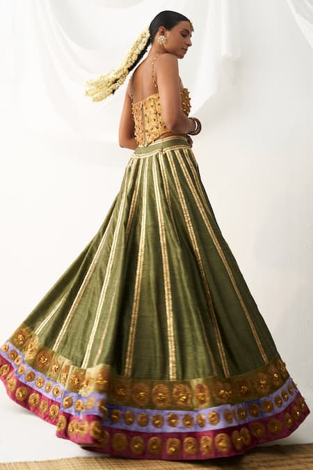 Shop Itrh Green , Chanderi Gota Patti, Embroidery Striped Lehenga And Corset Set at Aza Fashions Shop_Itrh_Green , Chanderi Gota Patti, Embroidery Striped Lehenga And Corset Set _at_Aza_Fashions