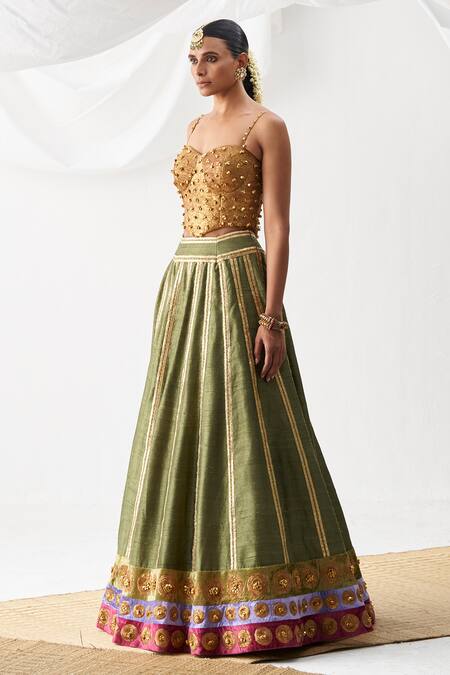 Itrh Green , Chanderi Gota Patti, Embroidery Striped Lehenga And Corset Set Online at Aza Fashions Itrh_Green , Chanderi Gota Patti, Embroidery Striped Lehenga And Corset Set _Online_at_Aza_Fashions