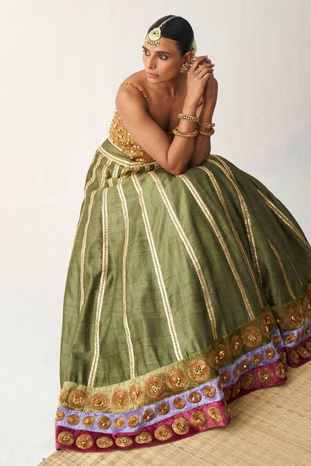 Buy Itrh Green , Chanderi Gota Patti, Embroidery Striped Lehenga And Corset Set Online at Aza Fashions Buy_Itrh_Green , Chanderi Gota Patti, Embroidery Striped Lehenga And Corset Set _Online_at_Aza_Fashions