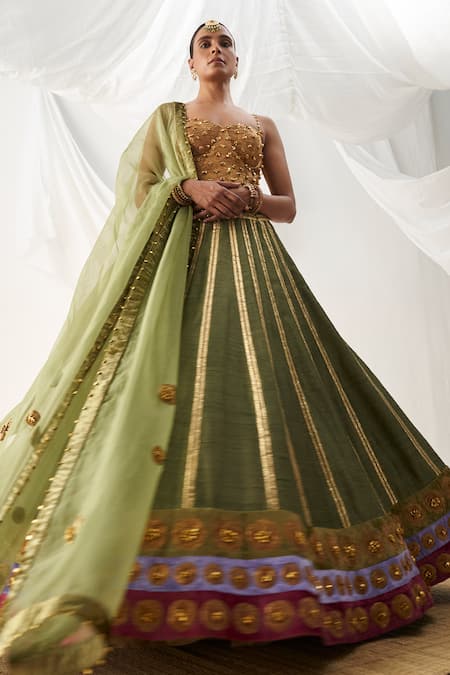 Itrh Green , Chanderi Gota Patti, Embroidery Striped Lehenga And Corset Set at Aza Fashions Itrh_Green , Chanderi Gota Patti, Embroidery Striped Lehenga And Corset Set _at_Aza_Fashions