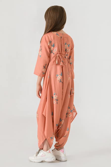 Shop Pasha India Orange Cotton, Rayon Floral Pattern Dhoti Jumpsuit at Aza Fashions Shop_Pasha India_Orange Cotton, Rayon Floral Pattern Dhoti Jumpsuit _at_Aza_Fashions