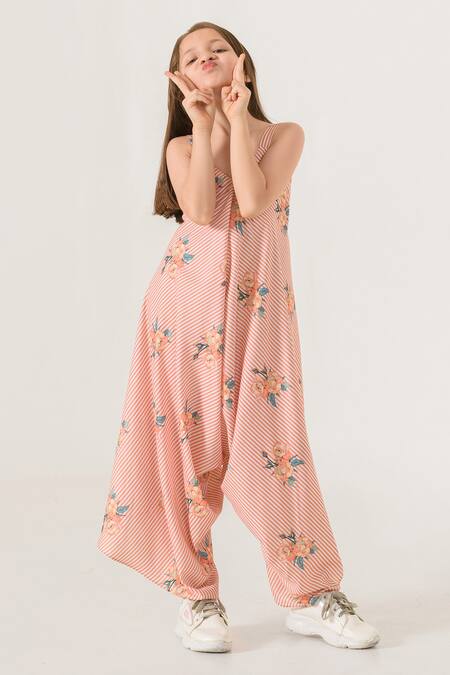 Pasha India_Orange Cotton, Rayon Embroidery Striped Pattern Palazzo Jumpsuit _Online_at_Aza_Fashions