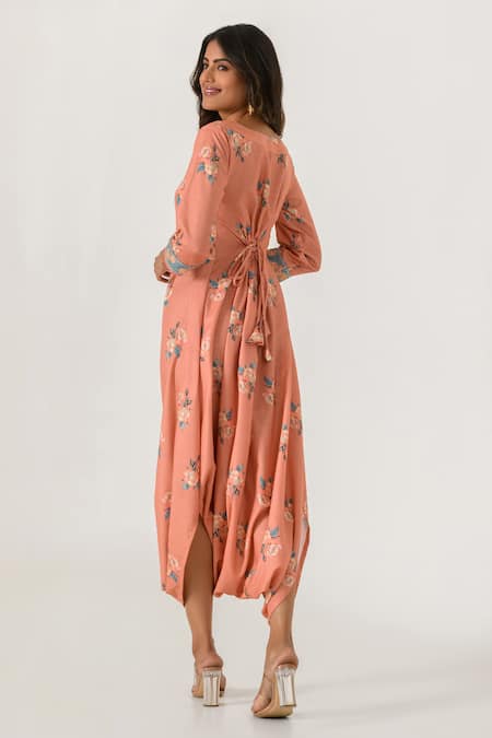 Shop_Pasha India_Orange Cotton, Rayon Round Neck Floral Pattern Dhoti Jumpsuit _at_Aza_Fashions