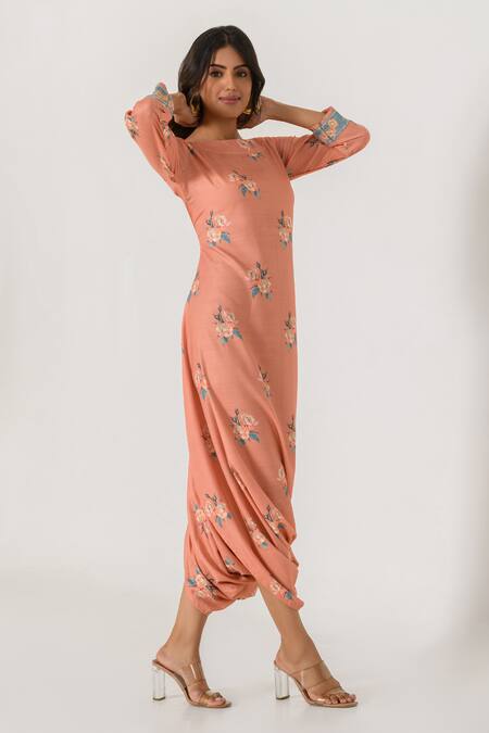Pasha India_Orange Cotton, Rayon Round Neck Floral Pattern Dhoti Jumpsuit _Online_at_Aza_Fashions
