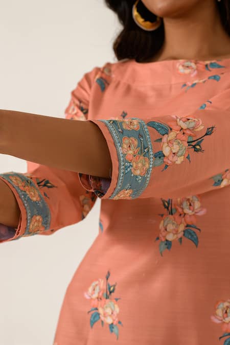 Buy_Pasha India_Orange Cotton, Rayon Round Neck Floral Pattern Dhoti Jumpsuit _Online_at_Aza_Fashions