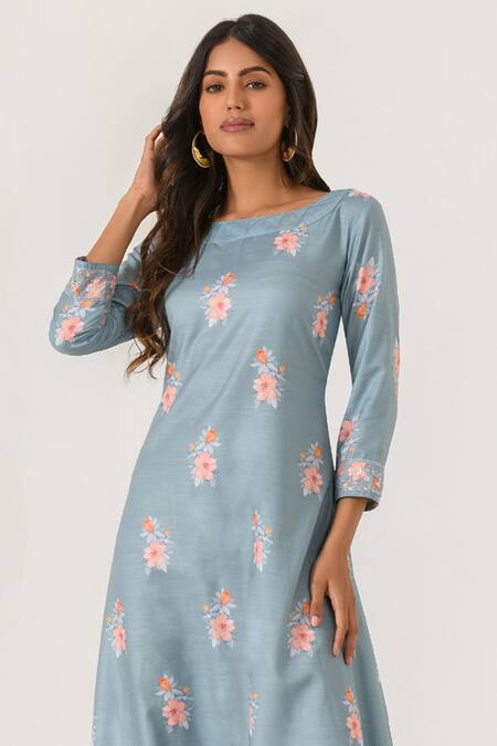 Pasha India_Green Cotton, Rayon Round Neck Floral Work Dhoti Jumpsuit_Online_at_Aza_Fashions