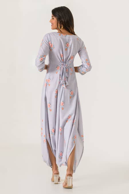 Shop Pasha India Grey Cotton, Rayon Embroidery Round Neck Printed Dhoti Jumpsuit at Aza Fashions Shop_Pasha India_Grey Cotton, Rayon Embroidery Round Neck Printed Dhoti Jumpsuit_at_Aza_Fashions
