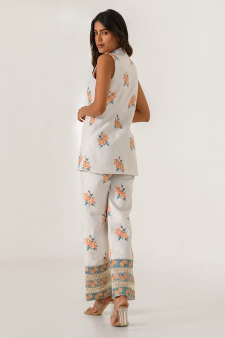 Shop_Pasha India_Peach Cotton, Rayon Sequins, Embroidery V-neck, Floral Striped Jacket Pant Set _at_Aza_Fashions