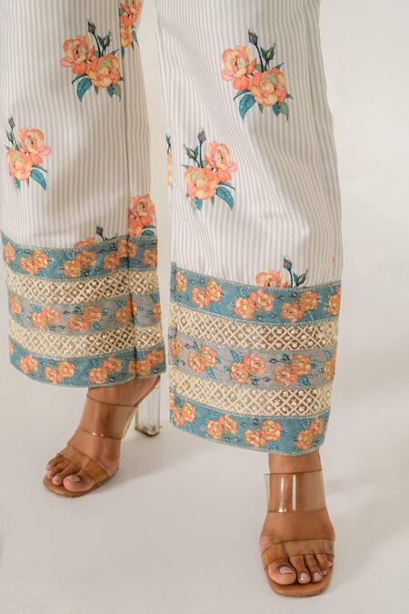 Buy_Pasha India_Peach Cotton, Rayon Sequins, Embroidery V-neck, Floral Striped Jacket Pant Set _Online_at_Aza_Fashions