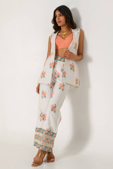 Shop_Pasha India_Peach Cotton, Rayon Sequins, Embroidery V-neck, Floral Striped Jacket Pant Set _Online_at_Aza_Fashions