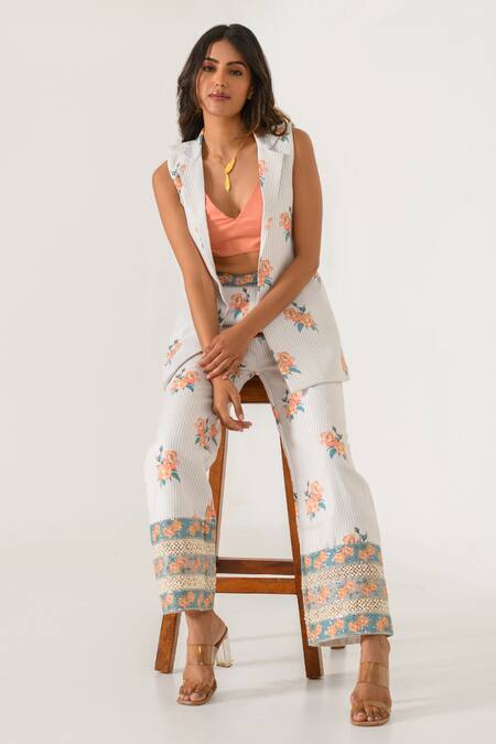 Pasha India_Peach Cotton, Rayon Sequins, Embroidery V-neck, Floral Striped Jacket Pant Set _at_Aza_Fashions